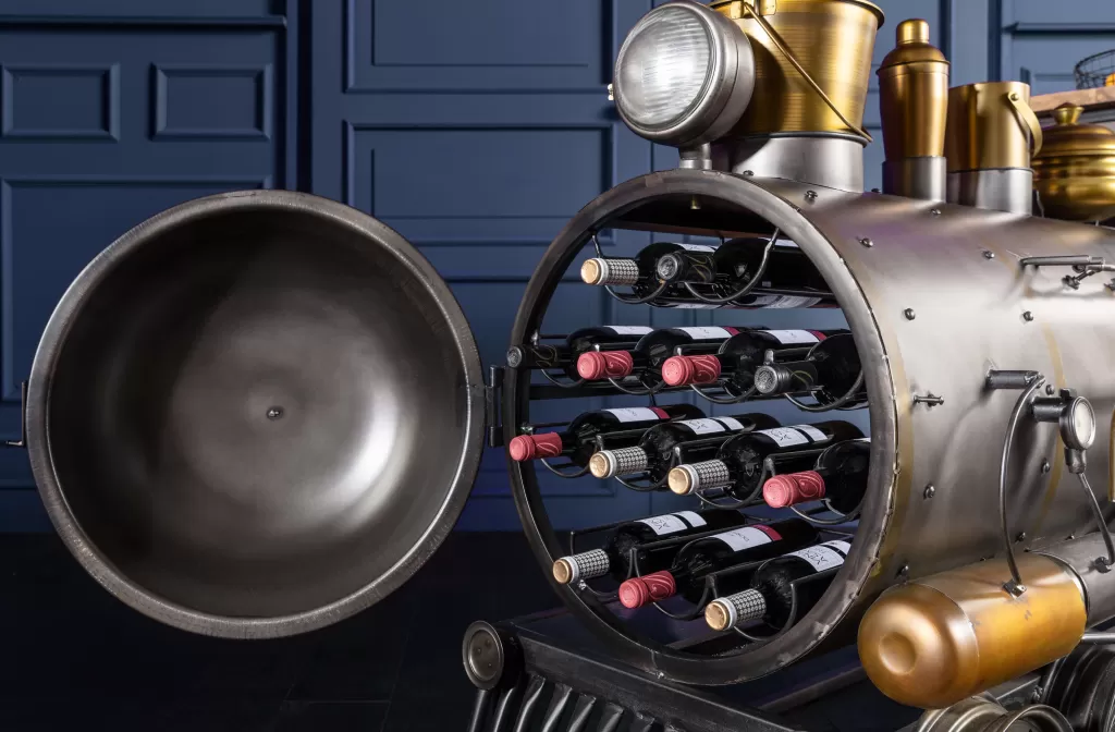 Veturi - Comptoir de bar avec poignée Steamlock par KARE Design, finition acier et bois de manguier - Longueur 225 cm