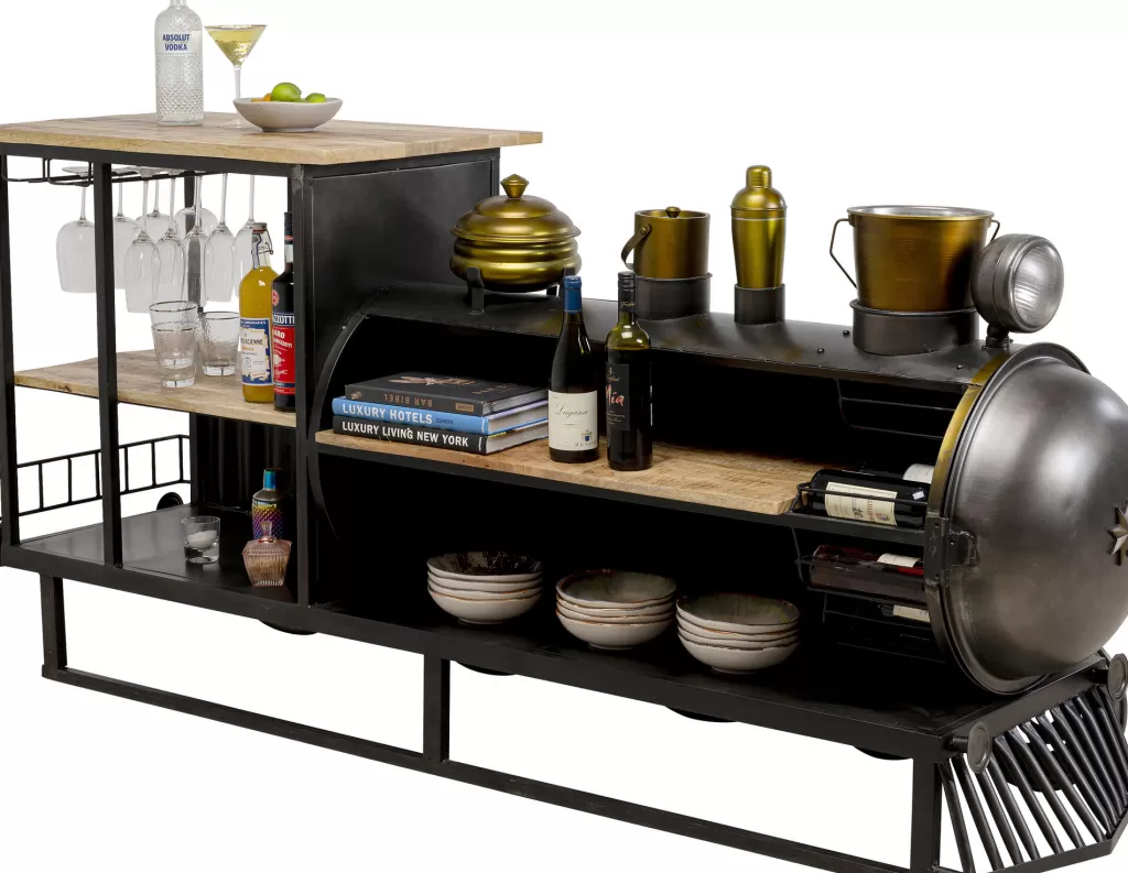 Veturi - Comptoir de bar avec poignée Steamlock par KARE Design, finition acier et bois de manguier - Longueur 225 cm