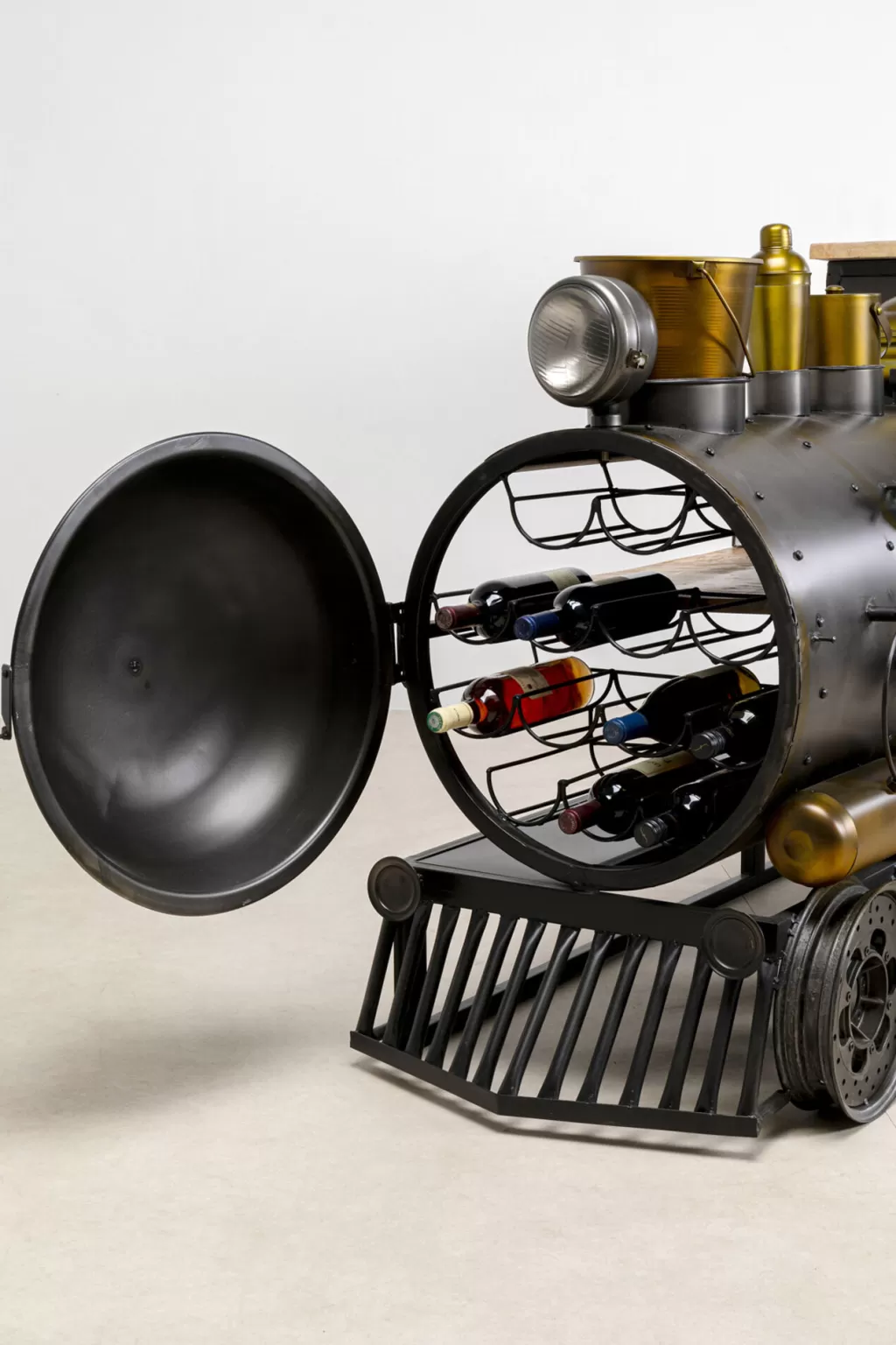 Veturi - Comptoir de bar avec poignée Steamlock par KARE Design, finition acier et bois de manguier - Longueur 225 cm