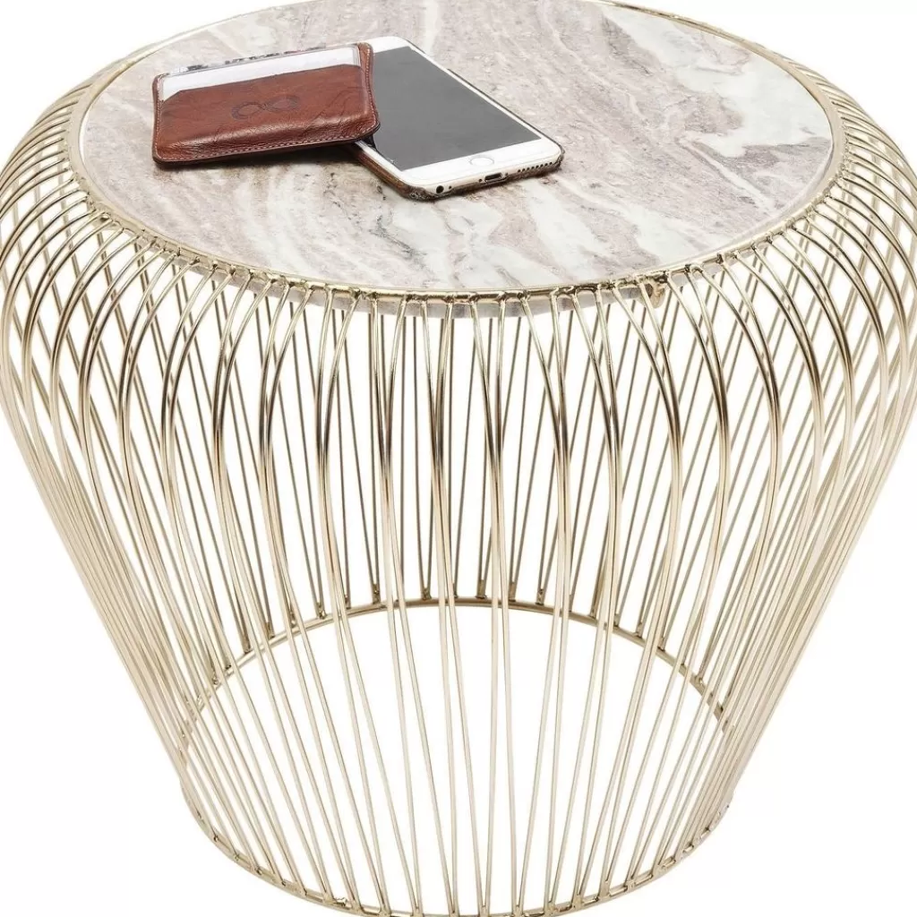 Table d'appoint design Beam par KARE - Plateau marbre gris veiné, piètement laiton vieilli, diamètre 43 cm