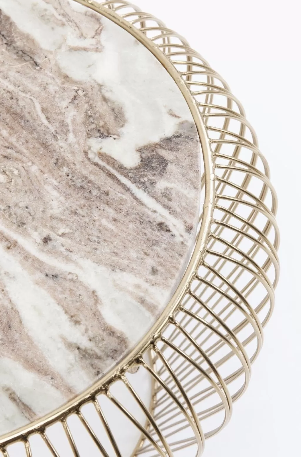 Table d'appoint design Beam par KARE - Plateau marbre gris veiné, piètement laiton vieilli, diamètre 43 cm