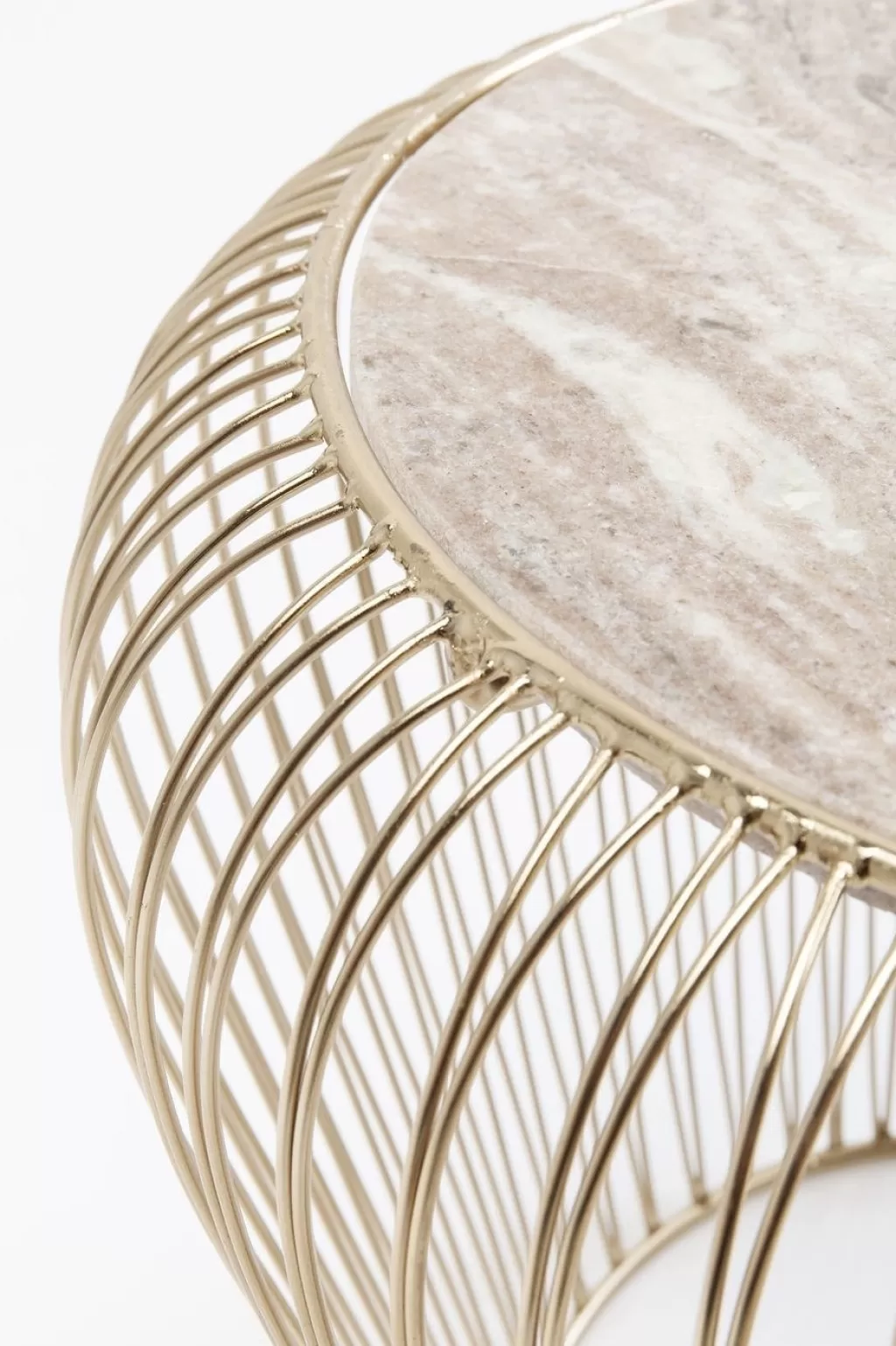 Table d'appoint design Beam par KARE - Plateau marbre gris veiné, piètement laiton vieilli, diamètre 43 cm