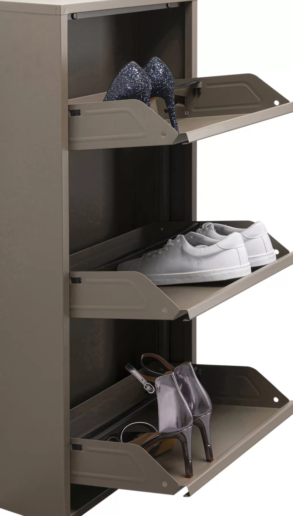 Porte-chaussures design Caruso par KARE - Rangement élégant en 3 compartiments, couleur taupe sable