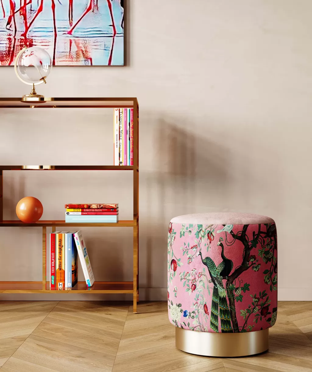 Chaise Paon Design Élégante en Cuir Cerise et Laiton Vieilli - Fauteuil Moderne Ø32cm, Idéal Déco Salon Stylish