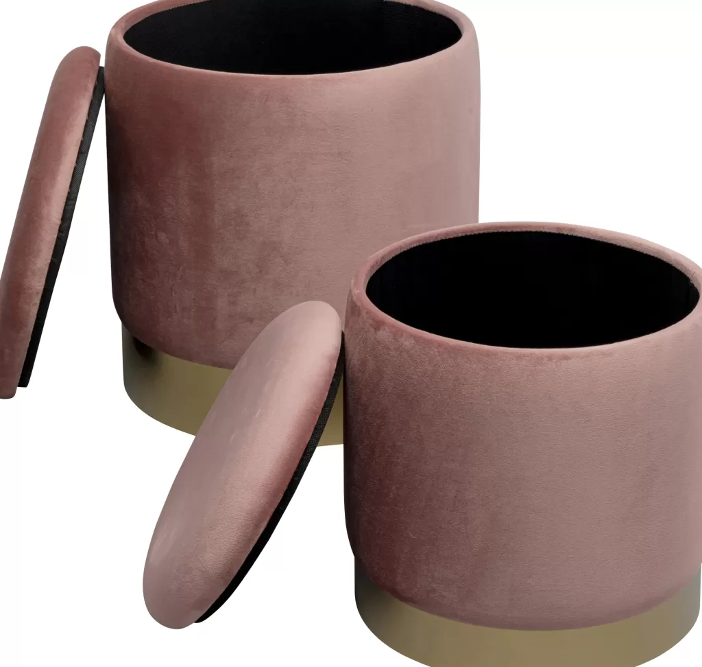 Tabouret de Rangement Design Cerise - Lot de 2 par KARE, Assise Rose avec Pieds en Laiton Brillant