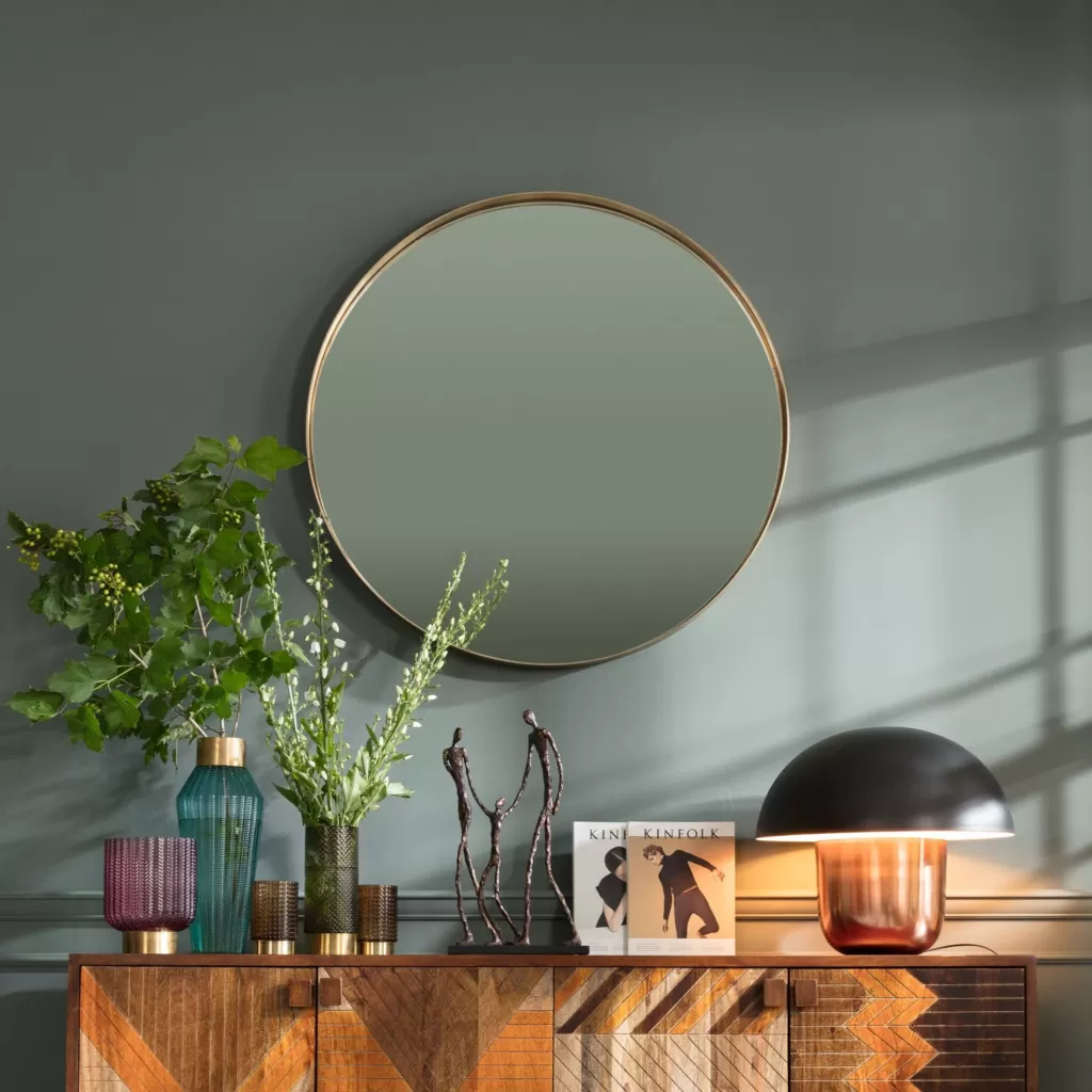 Miroir mural design en laiton vieilli - Courbe MO diamètre 10 cm - Collection KARE édition limitée