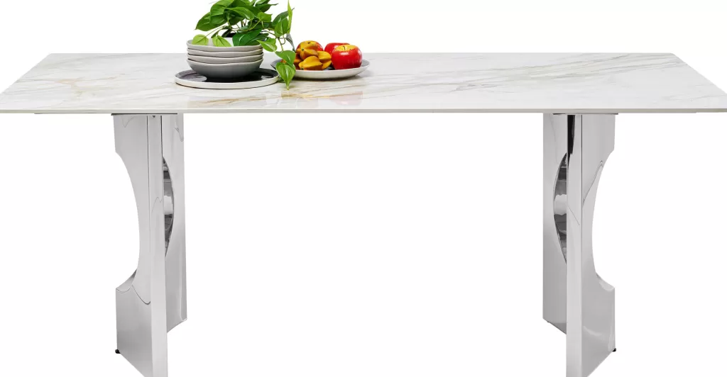 Table design contemporain Eternity Oho par KARE - Plateau en céramique avec finition chromée, Dimensions 180 x 90 cm