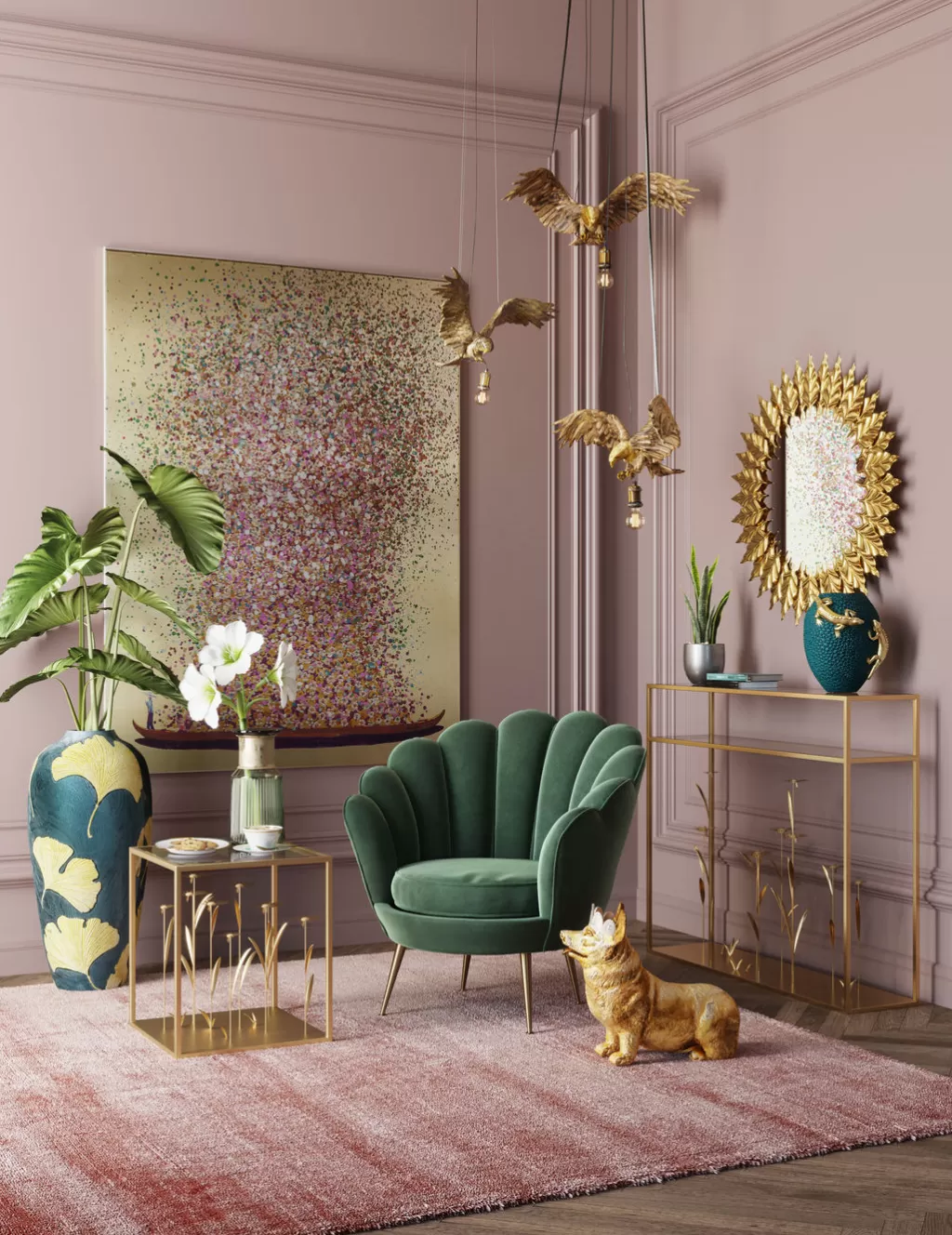 Console Design 'Champ Fleuri' par Kare - Table d'Appoint Dorée 100cm - Élégance Naturelle pour Intérieur Contemporain