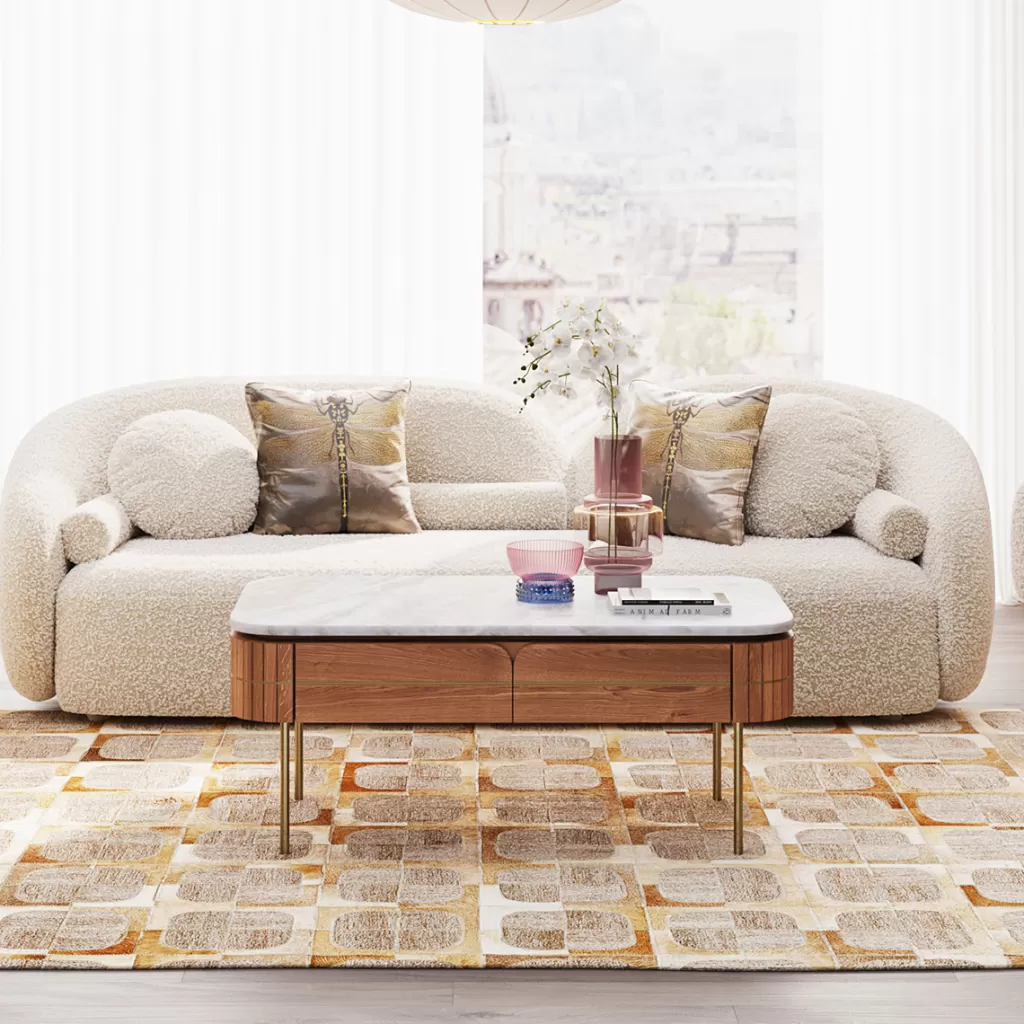 Table basse design Grace par KARE - Plateau marbre veiné sur structure en acajou mangue - Dimensions 110x60 cm