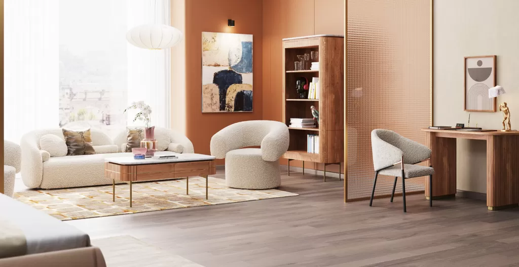 Table basse design Grace par KARE - Plateau marbre veiné sur structure en acajou mangue - Dimensions 110x60 cm