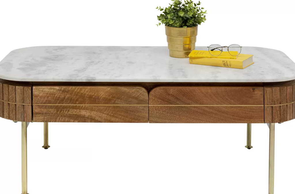 Table basse design Grace par KARE - Plateau marbre veiné sur structure en acajou mangue - Dimensions 110x60 cm