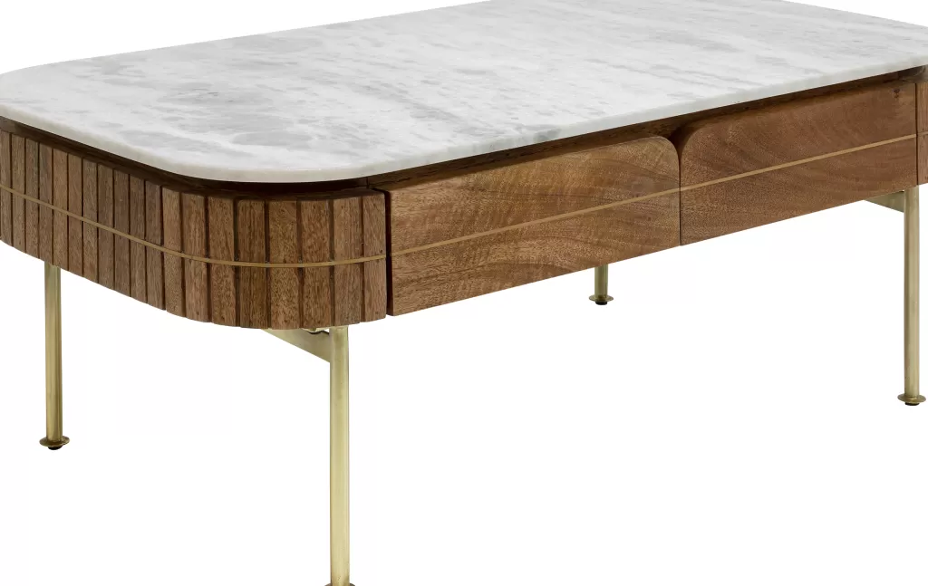 Table basse design Grace par KARE - Plateau marbre veiné sur structure en acajou mangue - Dimensions 110x60 cm