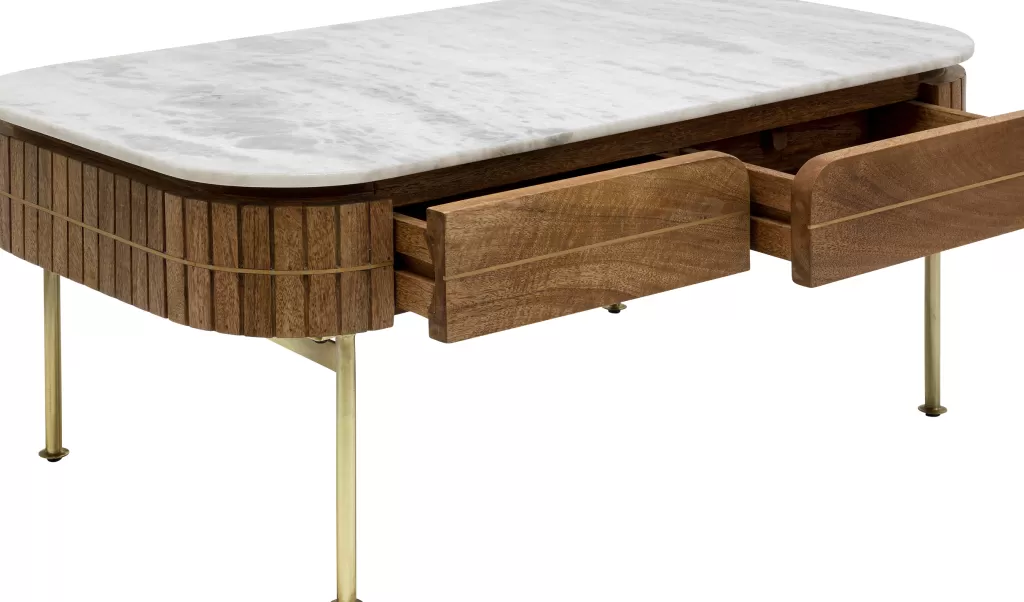 Table basse design Grace par KARE - Plateau marbre veiné sur structure en acajou mangue - Dimensions 110x60 cm