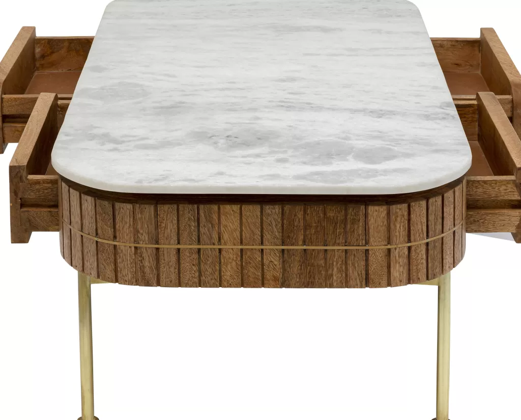 Table basse design Grace par KARE - Plateau marbre veiné sur structure en acajou mangue - Dimensions 110x60 cm