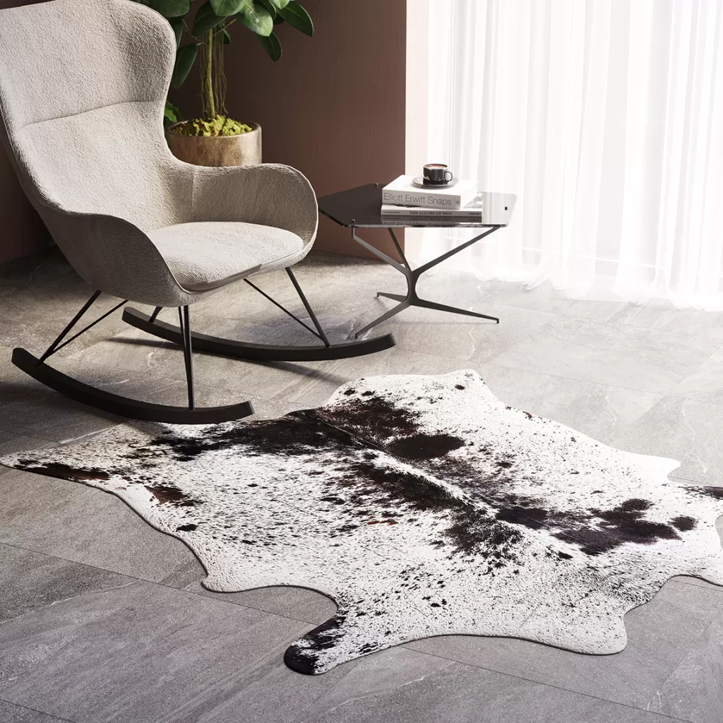 Tapis design KARE en cuir de vache pleine fleur - Noir & Blanc 219x242 cm, revêtement haut de gamme pour intérieurs contemporains