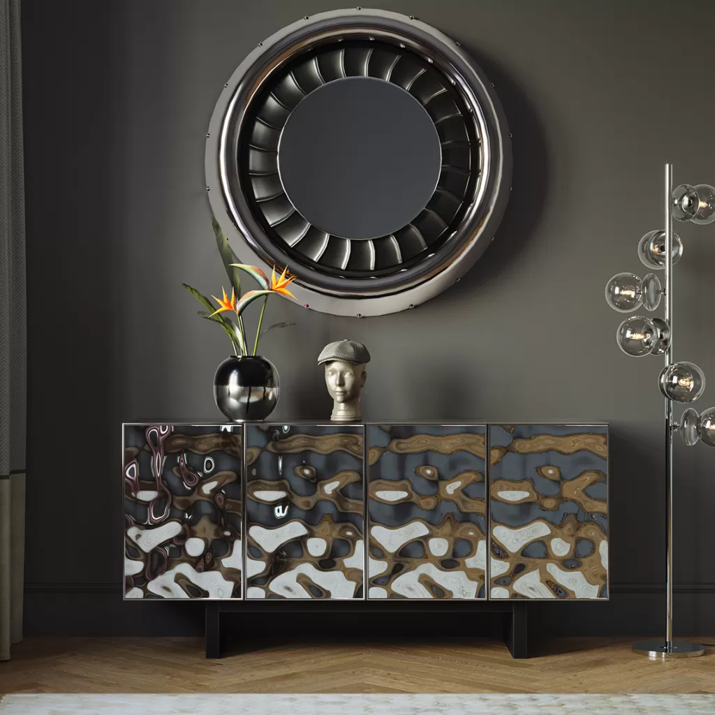 Miroir mural design Jet par KARE - Modèle contemporain en finition argenté et noir (diamètre 119 cm)