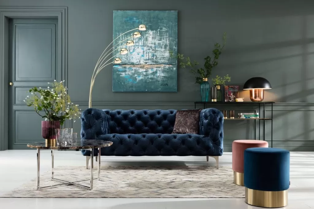 Canapé design élégant 2 places en velours bleu azur - Style KARE pour votre salon