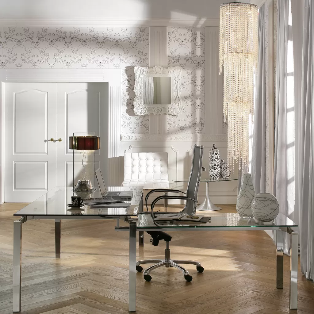 Bureau d'angle design Lorenco - Plateau chromé 210x180cm - Solution ergonomique pour espaces de travail modernes (Marque KARE)
