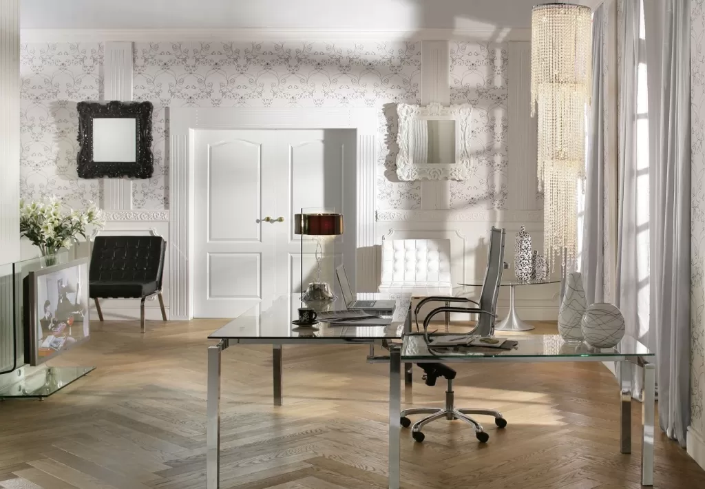 Bureau d'angle design Lorenco - Plateau chromé 210x180cm - Solution ergonomique pour espaces de travail modernes (Marque KARE)