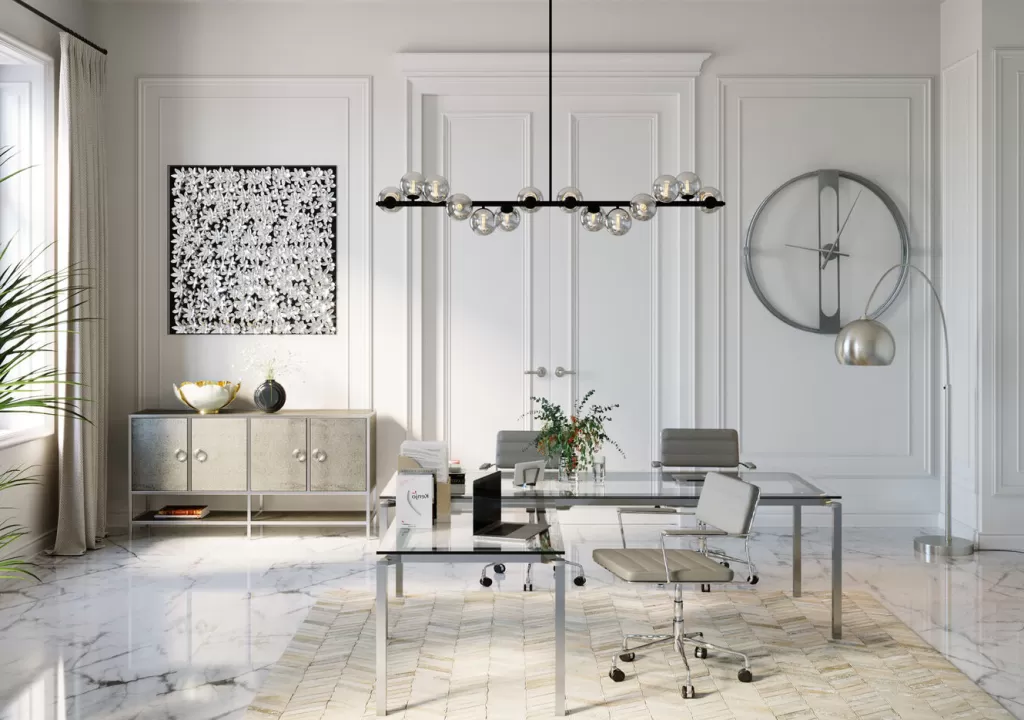 Bureau d'angle design Lorenco - Plateau chromé 210x180cm - Solution ergonomique pour espaces de travail modernes (Marque KARE)