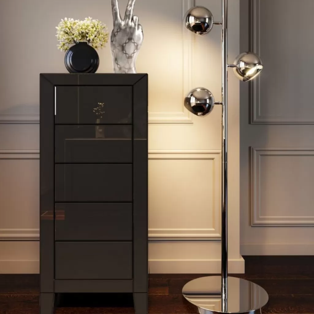 Commode Élégante KARE Design 5 Tiroirs - Meuble de Rangement Haut avec Mécanisme Push Gris Anthracite 

Design Luxe avec Tiroirs Coulissants Silencieux - Commode Fonctionnelle pour Chambre et Entrée 

Meuble de Stockage Haut de Gamme - Finition Résistante aux Rayures en Gris Sophistiqué