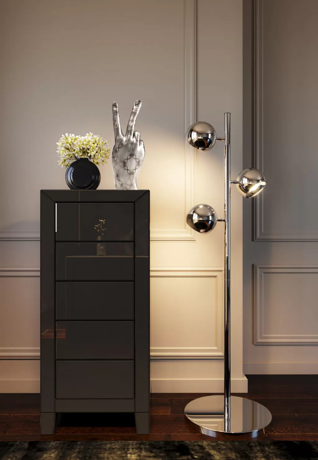 Commode Élégante KARE Design 5 Tiroirs - Meuble de Rangement Haut avec Mécanisme Push Gris Anthracite 

Design Luxe avec Tiroirs Coulissants Silencieux - Commode Fonctionnelle pour Chambre et Entrée 

Meuble de Stockage Haut de Gamme - Finition Résistante aux Rayures en Gris Sophistiqué