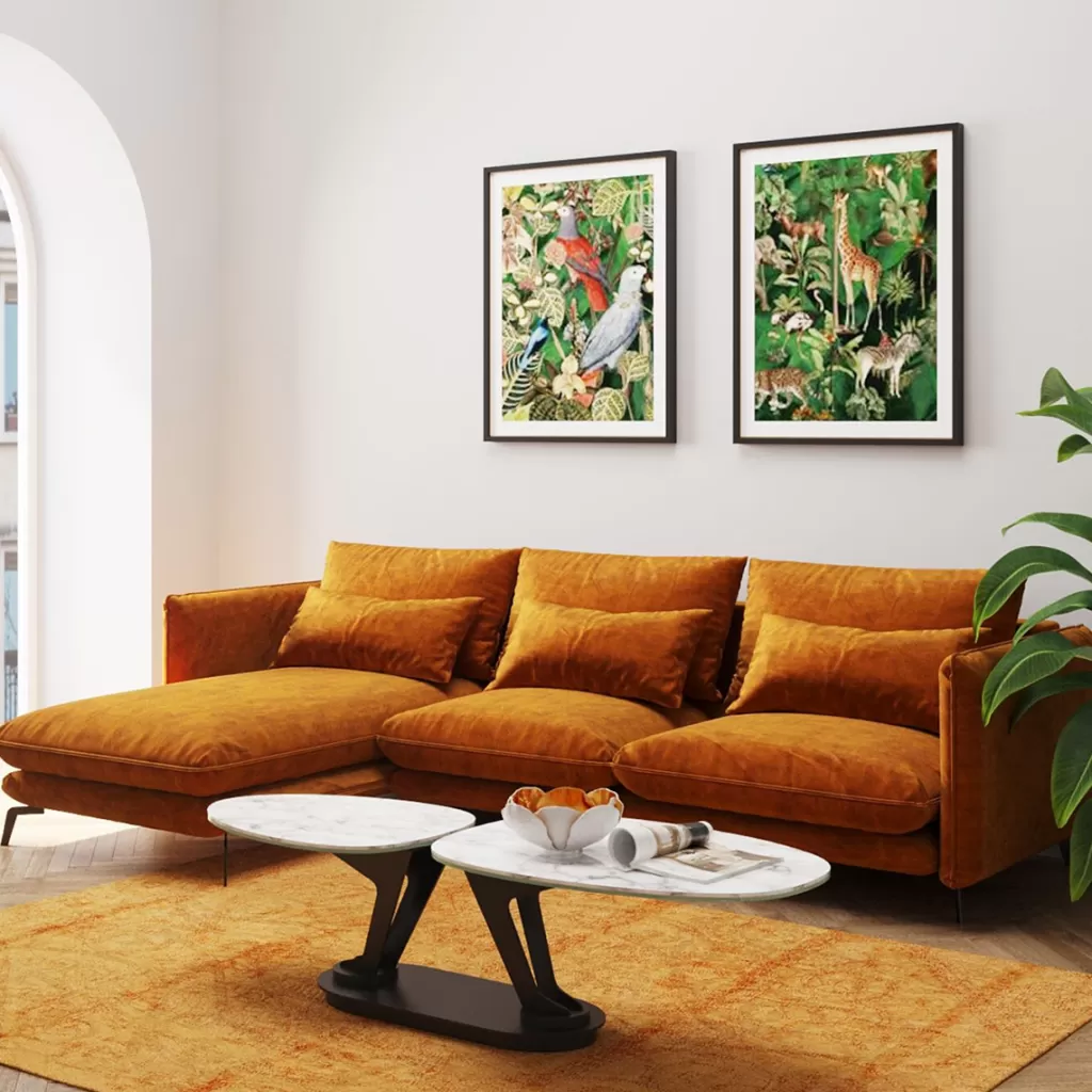 Canapé d'angle Monza en velours épicé - Conception KARE, dimensions sur mesure (296 cm, côté gauche), élégance moderne pour votre salon