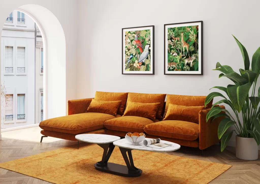 Canapé d'angle Monza en velours épicé - Conception KARE, dimensions sur mesure (296 cm, côté gauche), élégance moderne pour votre salon
