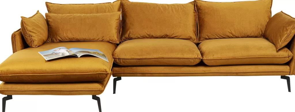 Canapé d'angle Monza en velours épicé - Conception KARE, dimensions sur mesure (296 cm, côté gauche), élégance moderne pour votre salon