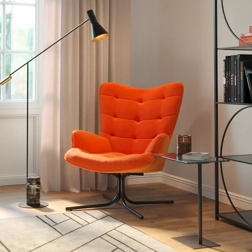 Fauteuil pivotant Oscar de KARE design - Velours doux et élégant dans un orange vibrante, alliant confort exceptionnel et esthétique contemporaine