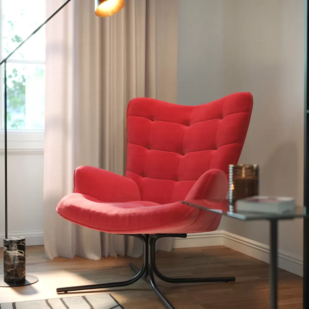 Fauteuil pivotant Oscar velours rouge par KARE Design - Assise ergonomique et style scandinave raffiné