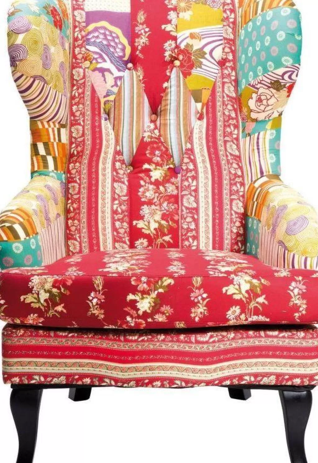 Fauteuil design confortable en patchwork de tissus assortis - Style KARE avec accents rubis vibrants, idéal pour espaces cosy