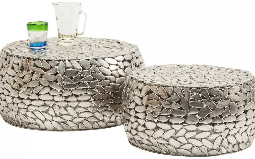 KARE Design - Duo de Tables Basses Galets Luxe en Finition Argent Métallisé, Style Contemporain pour Salon Élégant