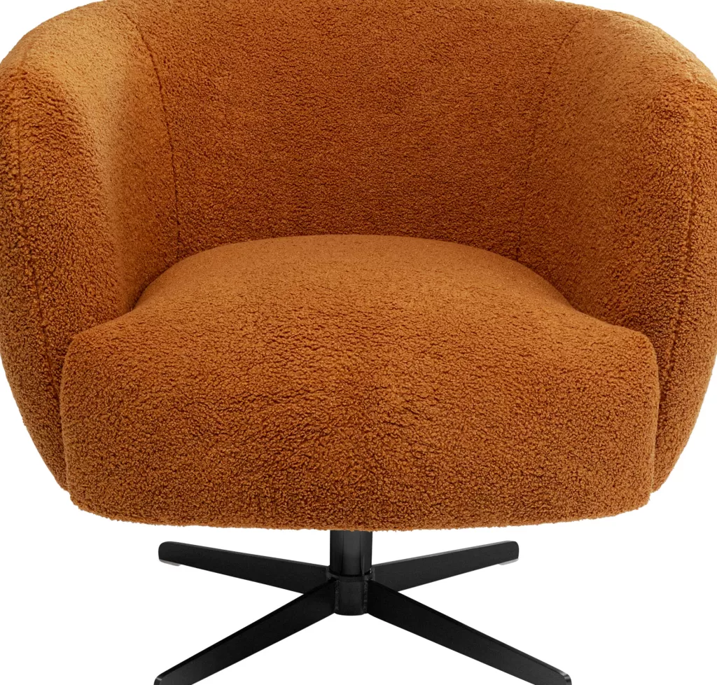 Fauteuil Tournant 360° Doux en Peluche Teddy - Design Élégant KARE Peony, Tissu Duveteux Brun Châtain, Confort Enveloppant Haut de Gamme