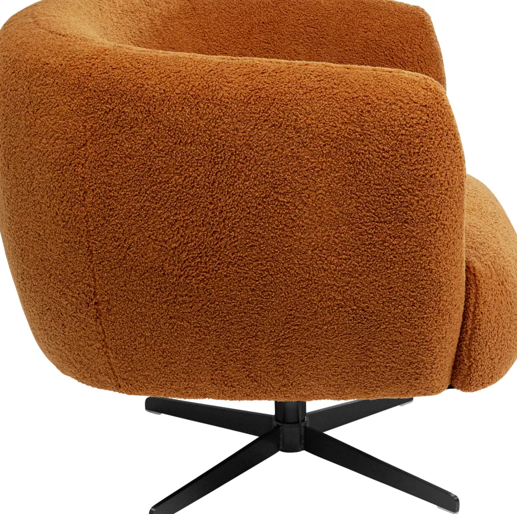 Fauteuil Tournant 360° Doux en Peluche Teddy - Design Élégant KARE Peony, Tissu Duveteux Brun Châtain, Confort Enveloppant Haut de Gamme
