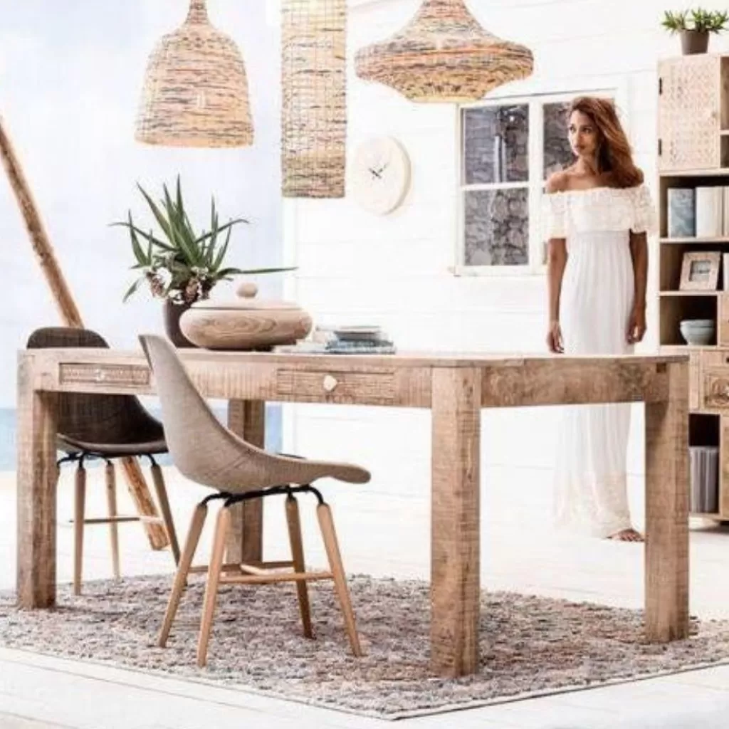 Table de salle à manger design scandinave Puro - 180 x 90 cm par KARE Design, plateau en mélaminé blanc texturé pour intérieur contemporain. Modèle épuré aux finitions soignées, idéal pour 6 à 8 convives.