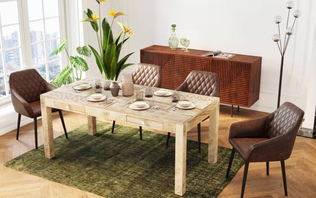 Table de salle à manger design scandinave Puro - 180 x 90 cm par KARE Design, plateau en mélaminé blanc texturé pour intérieur contemporain. Modèle épuré aux finitions soignées, idéal pour 6 à 8 convives.