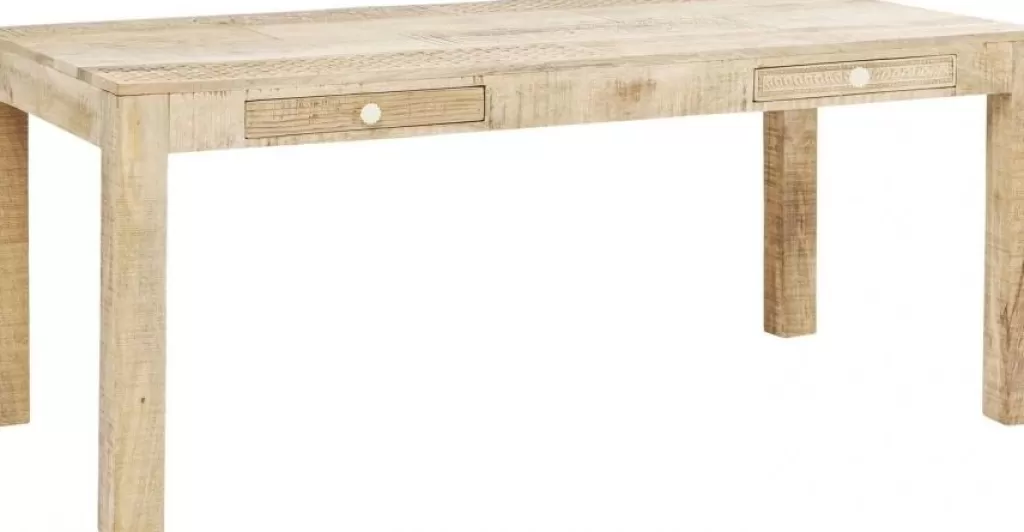 Table de salle à manger design scandinave Puro - 180 x 90 cm par KARE Design, plateau en mélaminé blanc texturé pour intérieur contemporain. Modèle épuré aux finitions soignées, idéal pour 6 à 8 convives.
