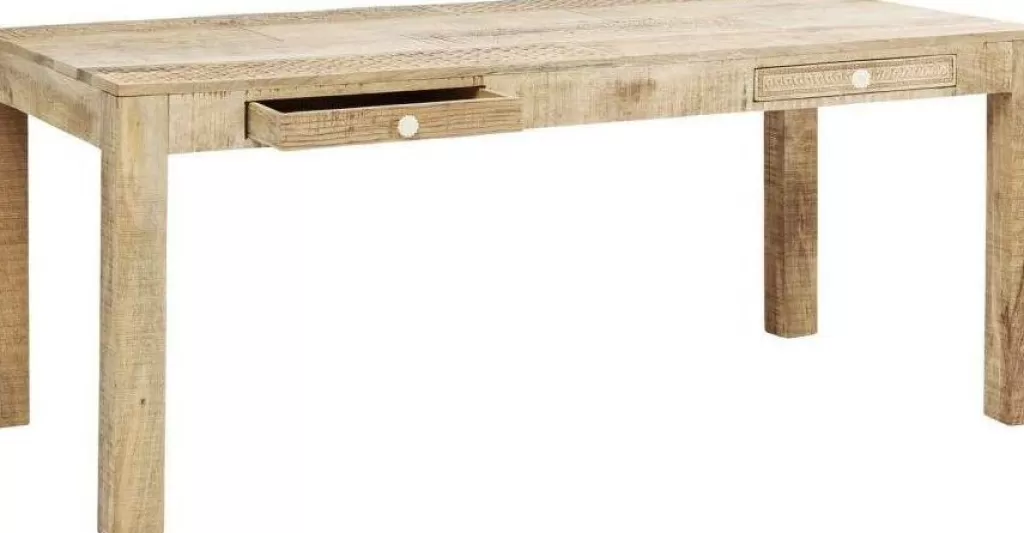 Table de salle à manger design scandinave Puro - 180 x 90 cm par KARE Design, plateau en mélaminé blanc texturé pour intérieur contemporain. Modèle épuré aux finitions soignées, idéal pour 6 à 8 convives.