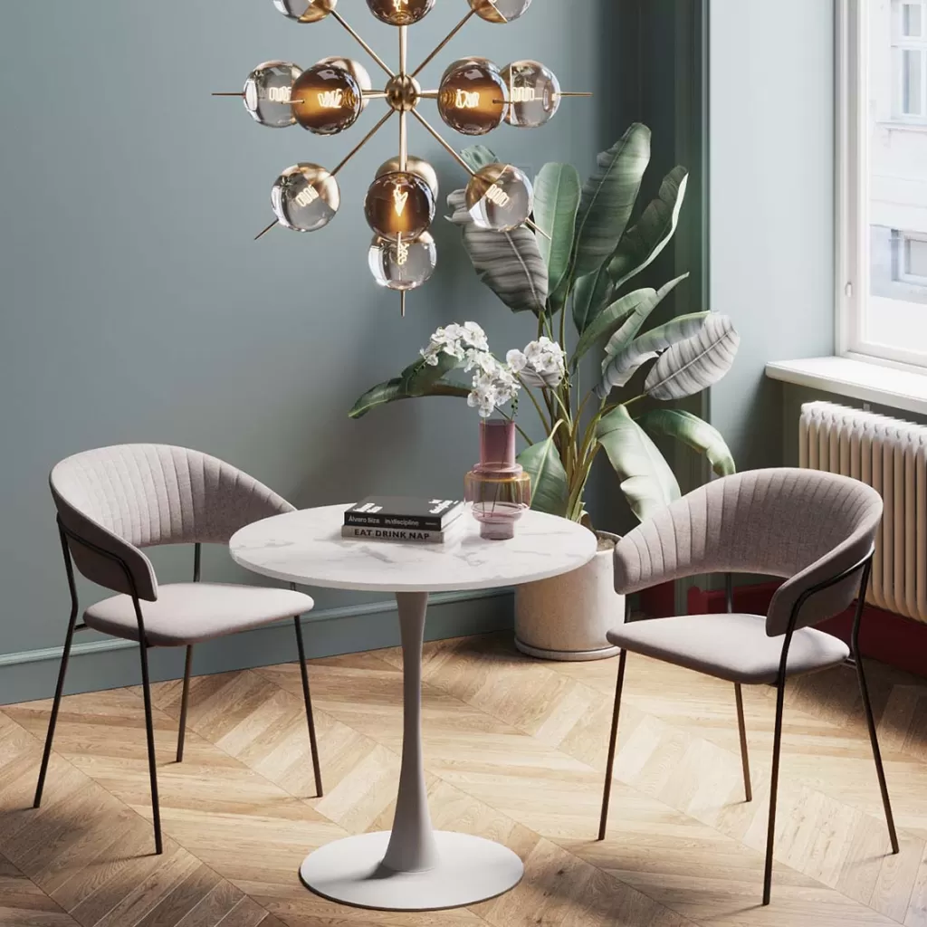 Table ronde élégante Schickeria en finition marbre blanc - Diamètre 80 cm - Collection design KARE pour décoration d'intérieur moderne