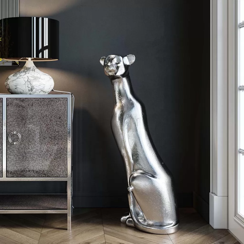 Élégante Statue de Léopard Assis par KARE Design - Décoration Contemporaine en Finition Argenté, 150 cm pour Intérieur Épuré