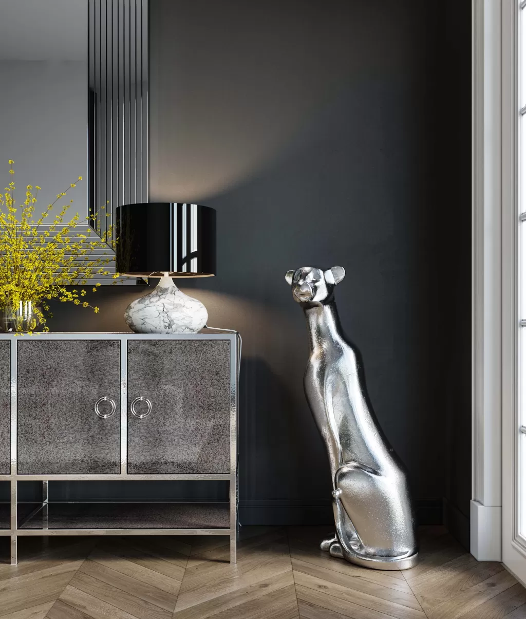 Élégante Statue de Léopard Assis par KARE Design - Décoration Contemporaine en Finition Argenté, 150 cm pour Intérieur Épuré