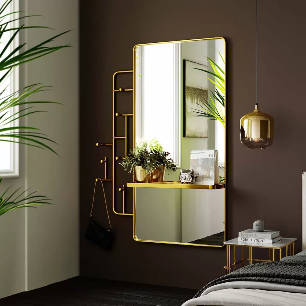 Miroir Design Tristan avec Porte-Vêtements - Laiton Vieilli 150 x 76 cm - Élégance Contemporaine par KARE