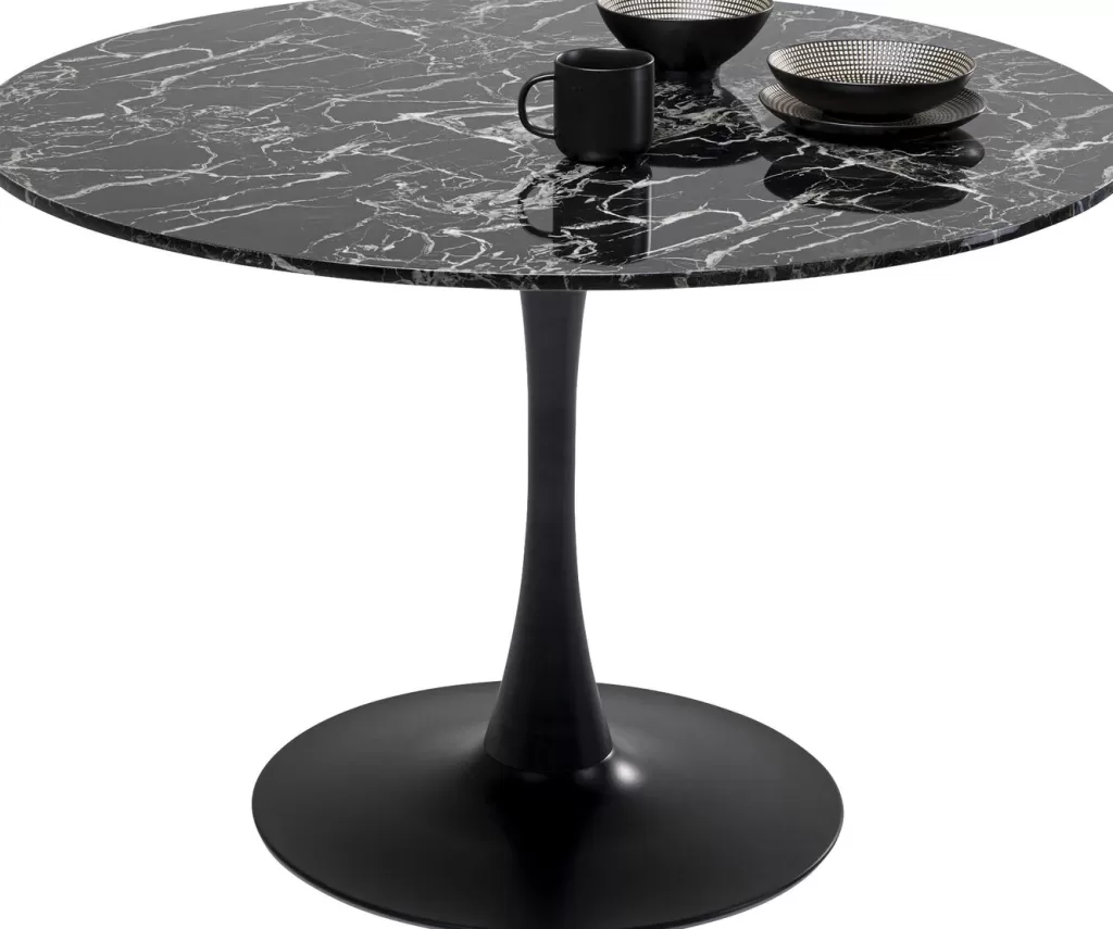 Table design en marbre de Vénétie - Édition exclusive KARE  
Surface veinée noir profond - Diamètre 110 cm  
Pièce maîtresse élégante pour intérieurs contemporains