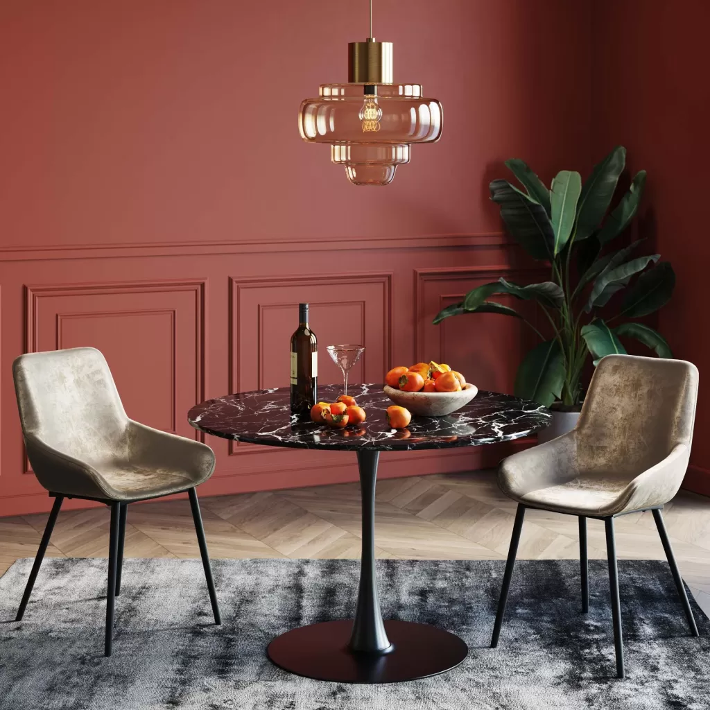 Table design en marbre de Vénétie - Édition exclusive KARE  
Surface veinée noir profond - Diamètre 110 cm  
Pièce maîtresse élégante pour intérieurs contemporains