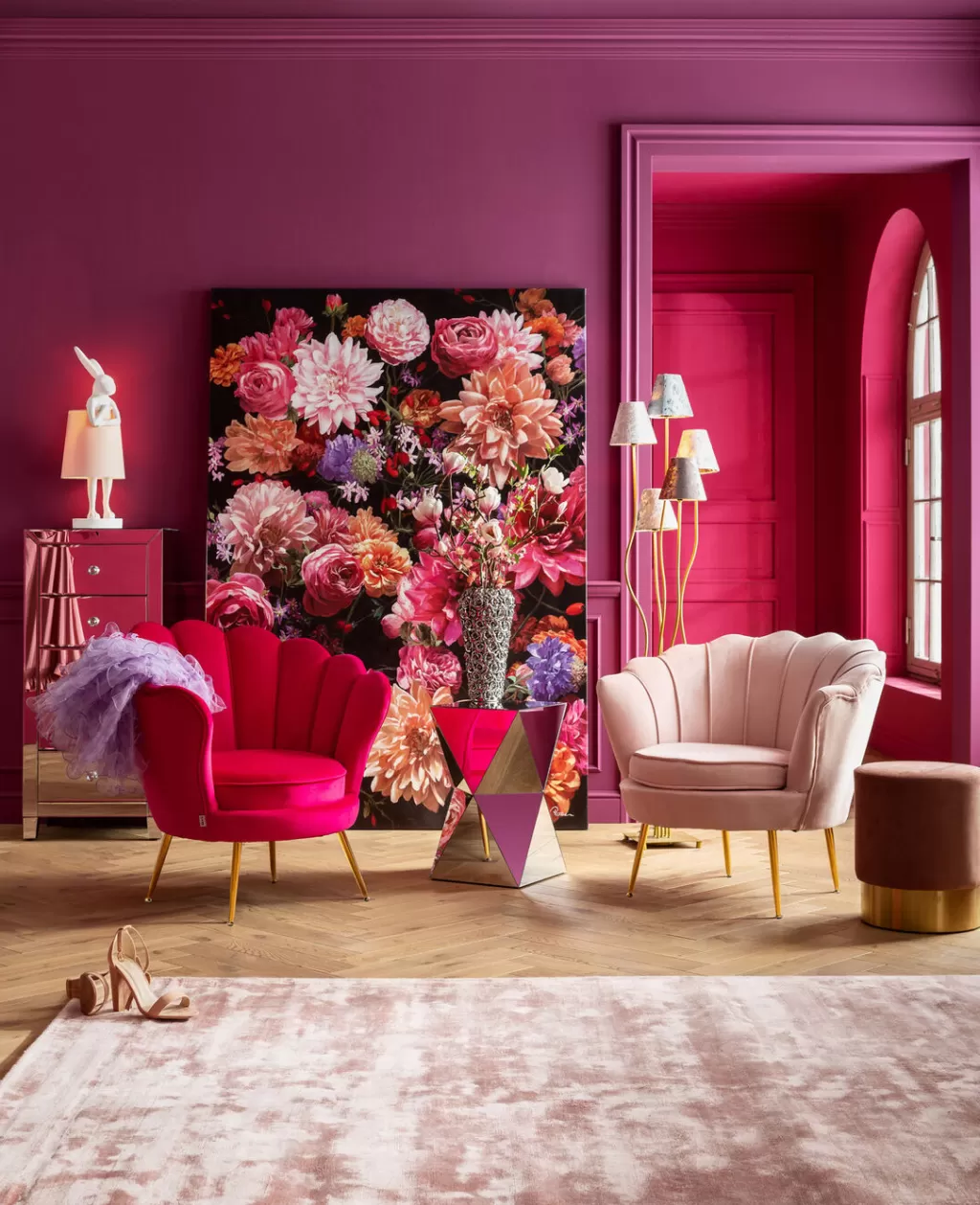 Fauteuil Design Nénuphar Velours Rose - Siège d'Appoint Confortable par KARE pour Intérieur Bohème Chic 

(：，+++，