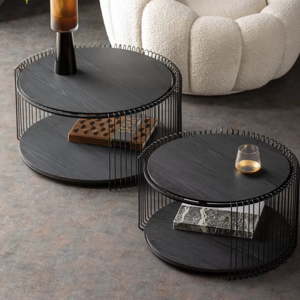 KARE Design - Table basse moderne à structure métallique et plateau bois noir double épaisseur - Lot de 2 pièces - Élégance intemporelle