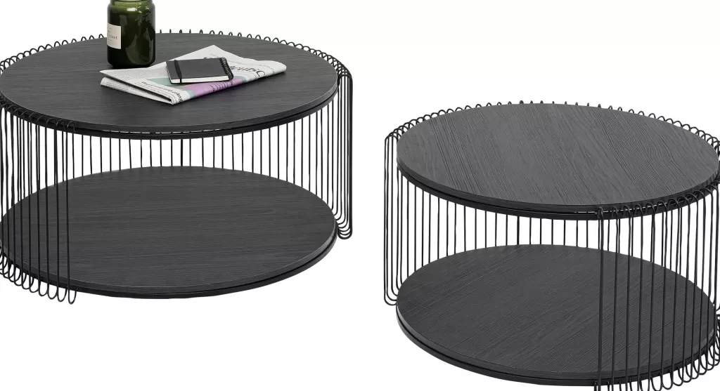 KARE Design - Table basse moderne à structure métallique et plateau bois noir double épaisseur - Lot de 2 pièces - Élégance intemporelle