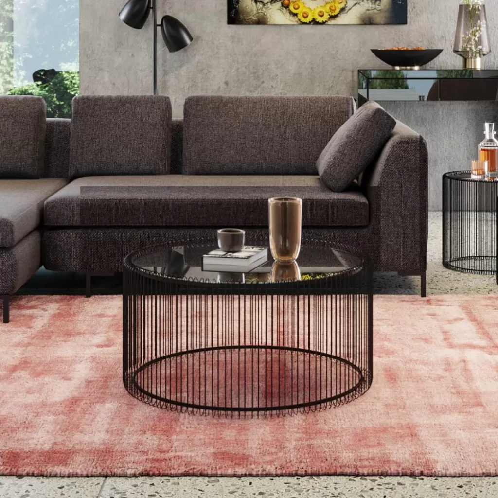 Table basse design moderne KARE Wire Uno en fil métallique - Finition noir élégante - Diamètre 80 cm parfait pour salon