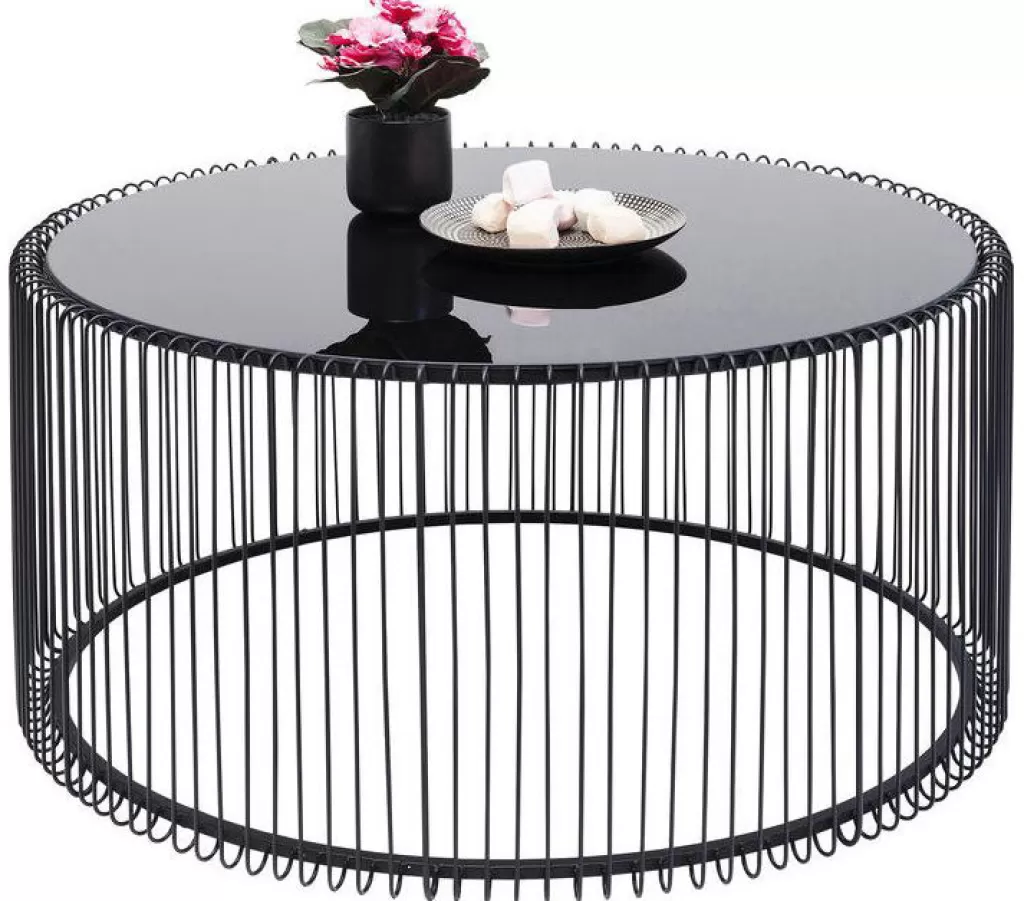 Table basse design moderne KARE Wire Uno en fil métallique - Finition noir élégante - Diamètre 80 cm parfait pour salon